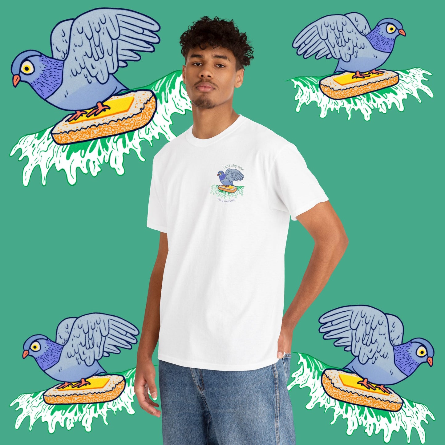 'pigeon on a mission' unisex graphic tshirt [left]