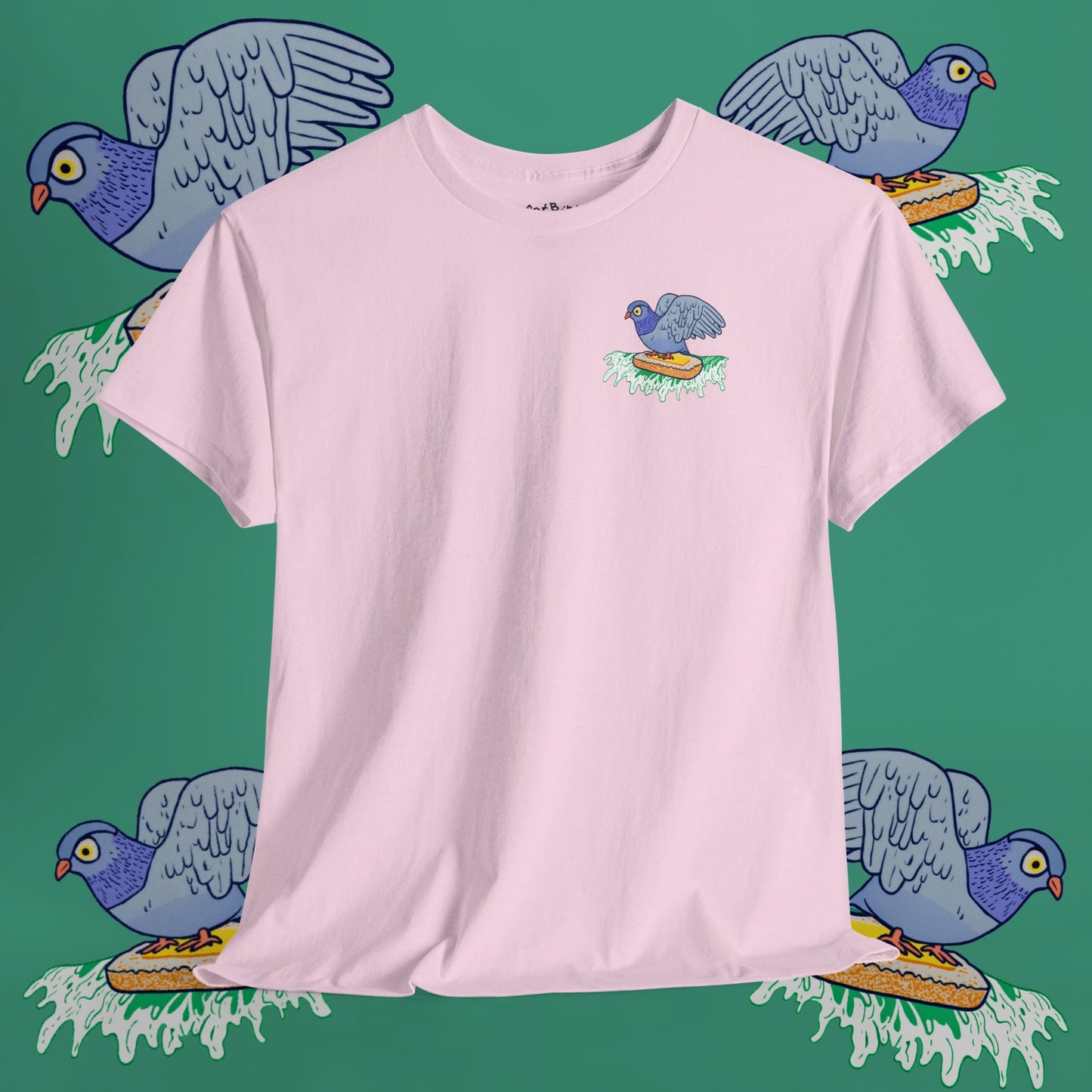 surfin' pigeon on a mission tshirt [left]