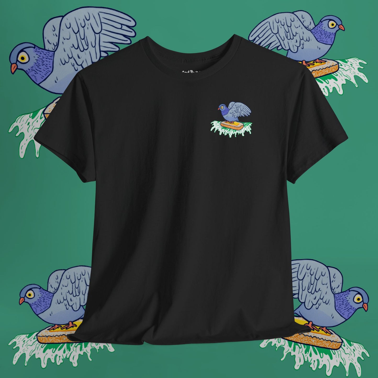 surfin' pigeon on a mission tshirt [left]