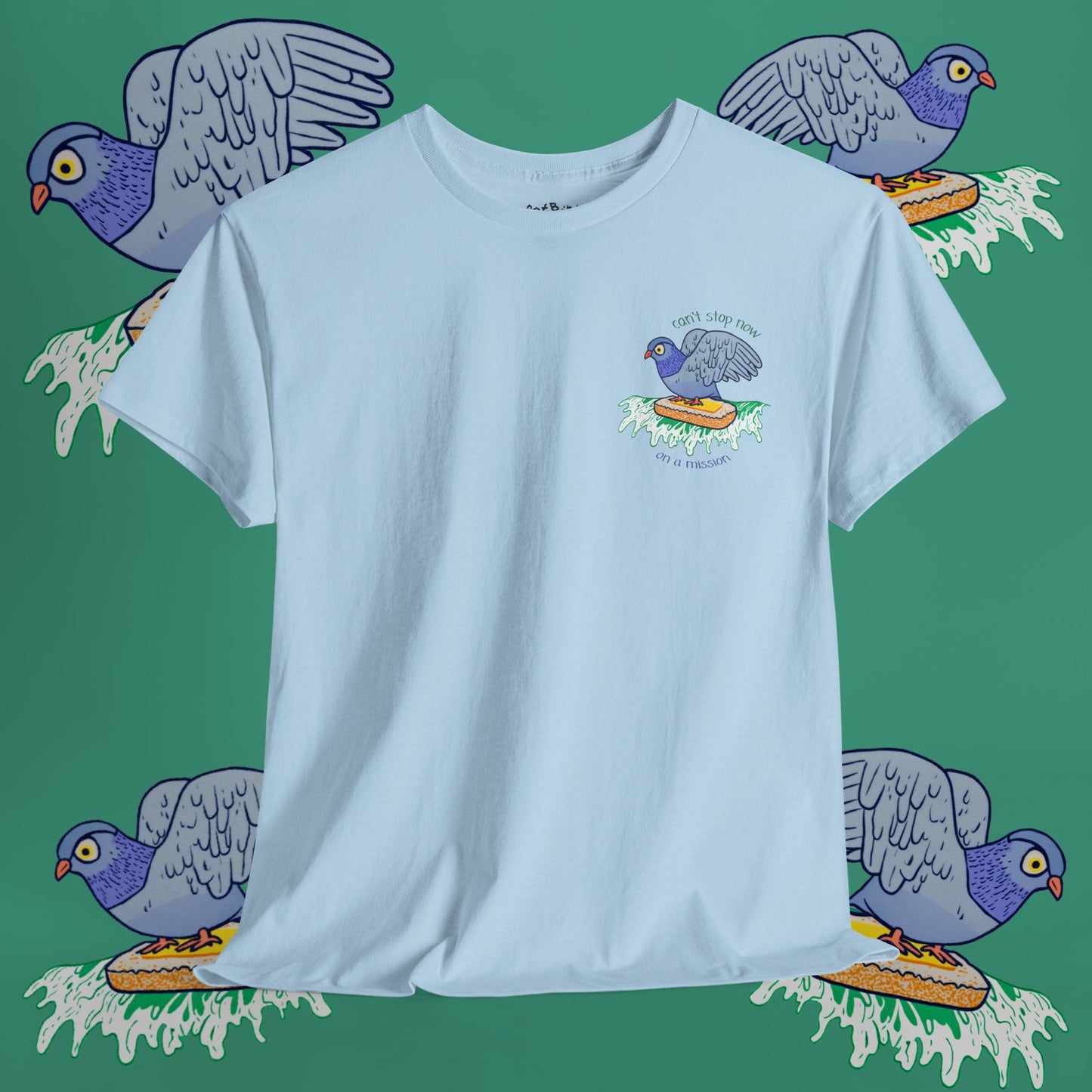 'pigeon on a mission' unisex graphic tshirt [left]