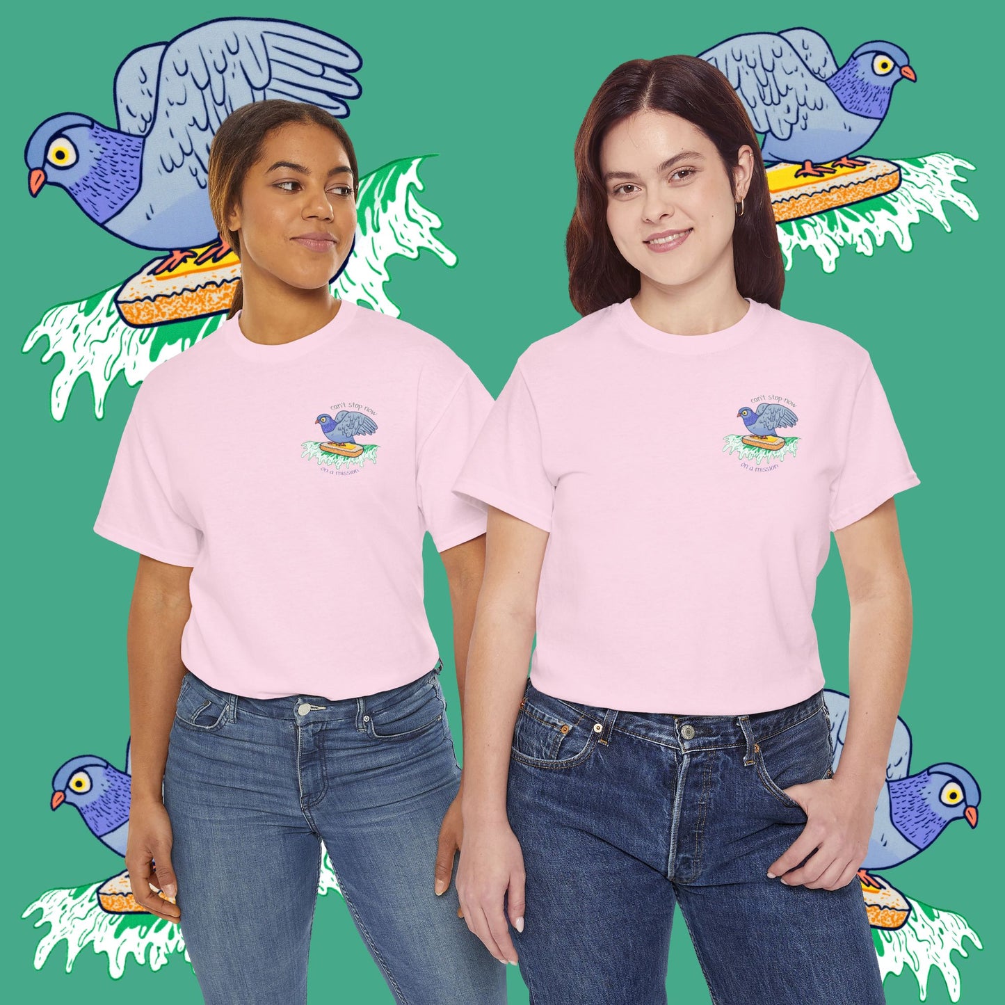 'pigeon on a mission' unisex graphic tshirt [left]