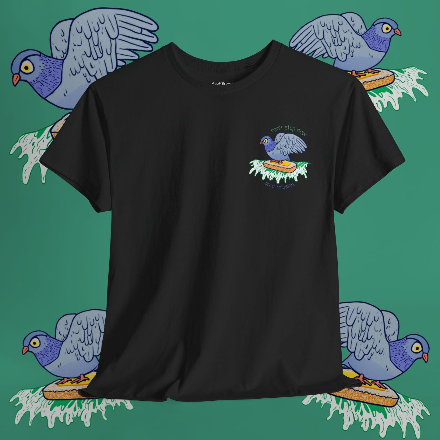 'pigeon on a mission' unisex graphic tshirt [left]