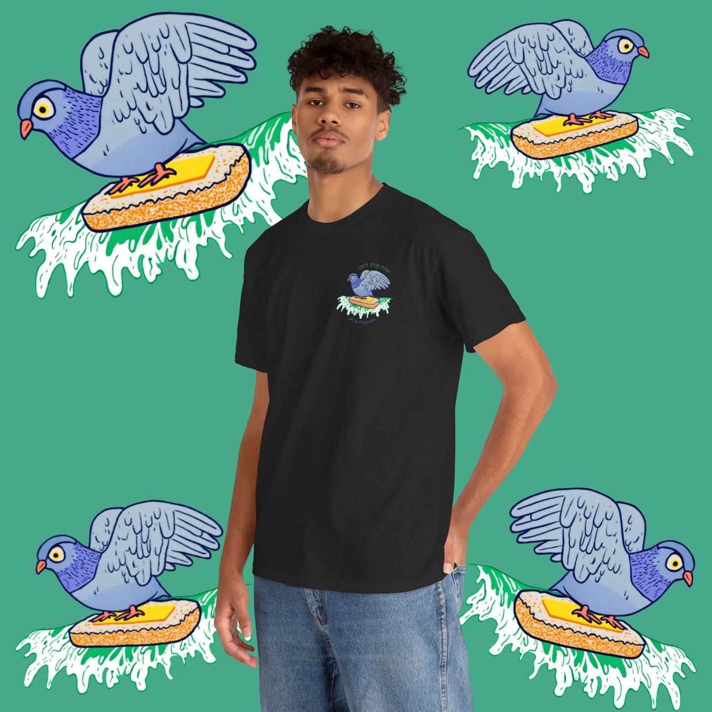 'pigeon on a mission' unisex graphic tshirt [left]