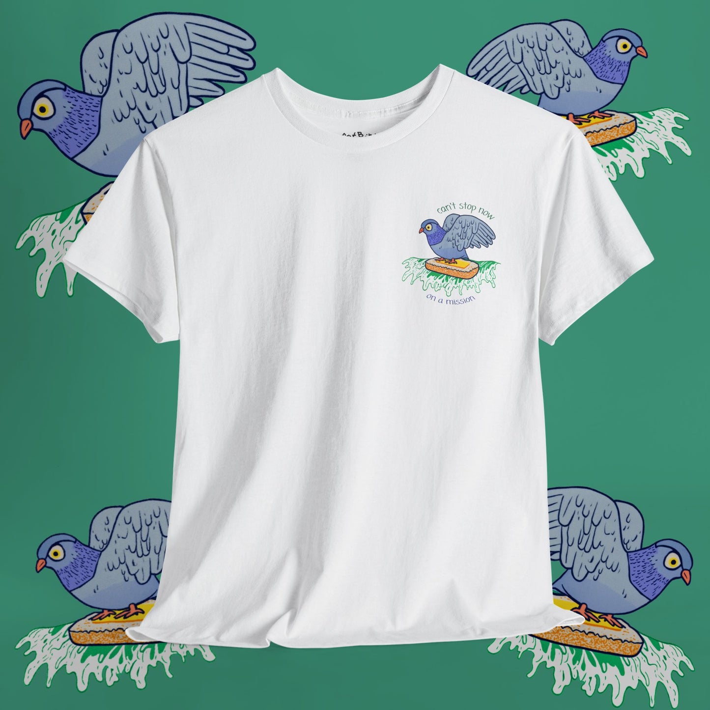 'pigeon on a mission' unisex graphic tshirt [left]