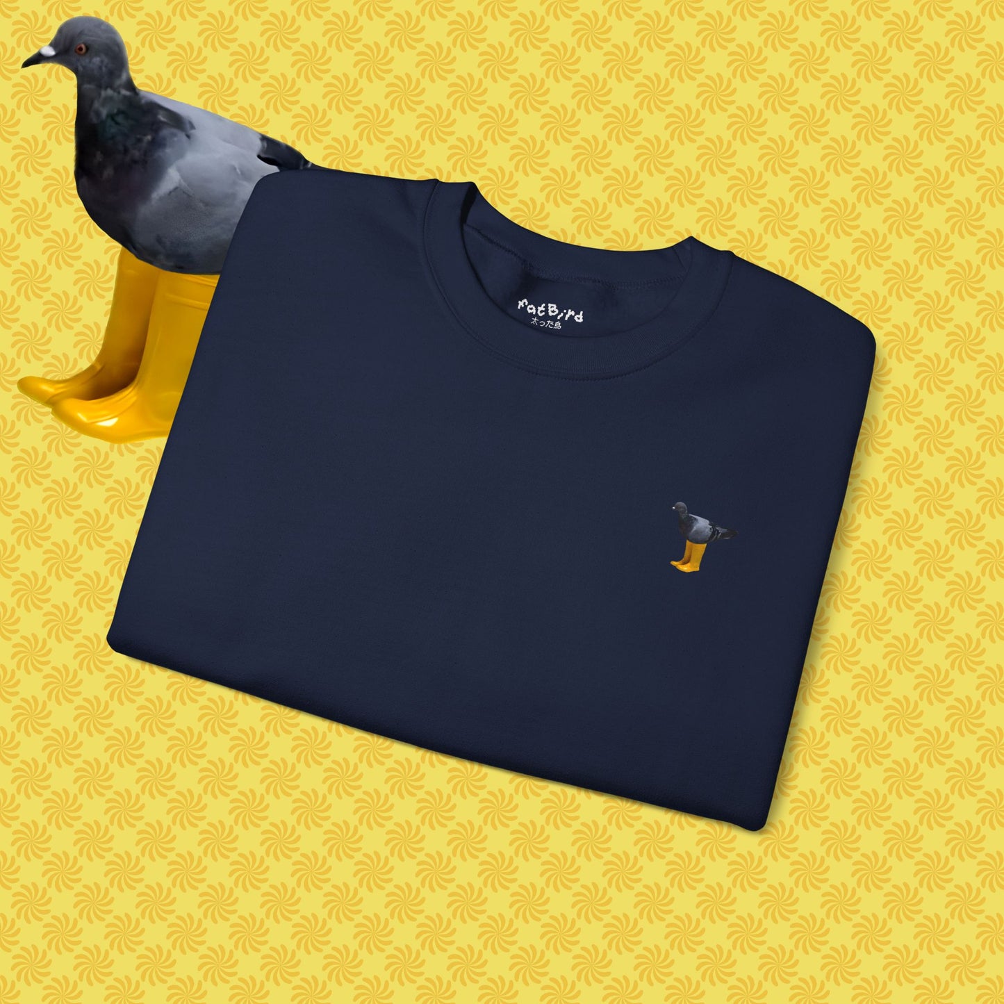 OG pigeon in yellow boots sweatshirt