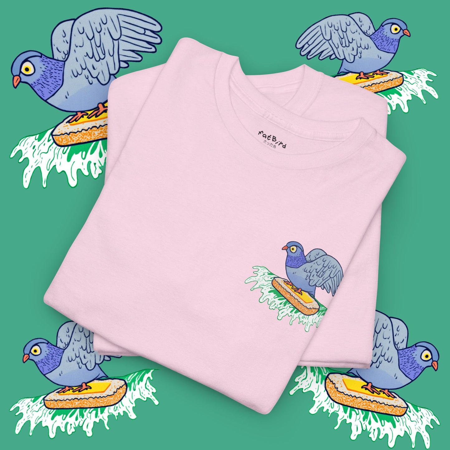 surfin' pigeon on a mission tshirt [left]