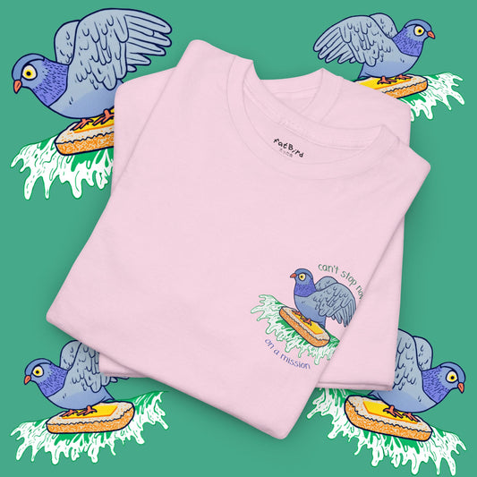 'pigeon on a mission' unisex graphic tshirt [left]