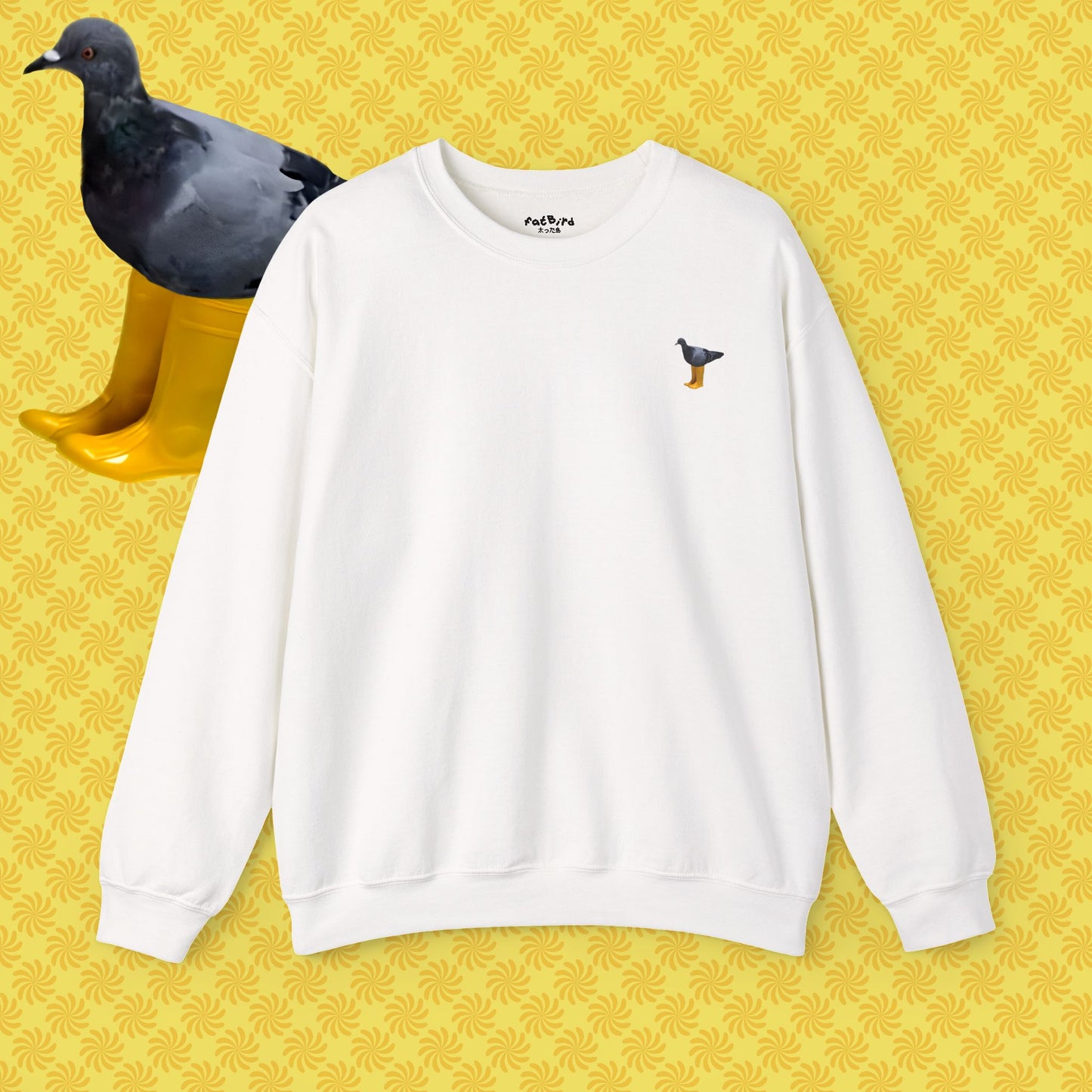 OG pigeon in yellow boots sweatshirt