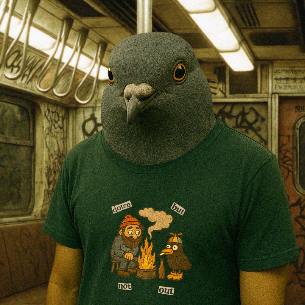 'down but not out' pigeon tshirt