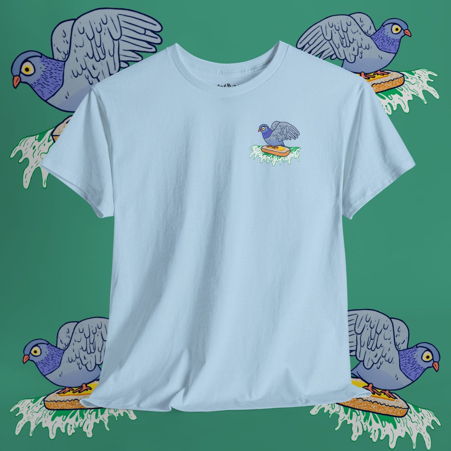 surfin' pigeon on a mission tshirt [left]