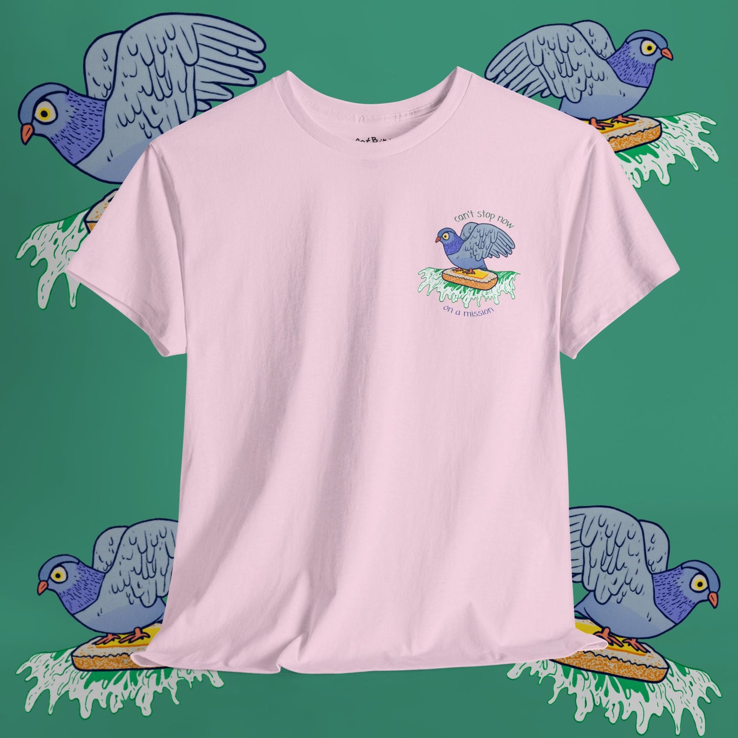 'pigeon on a mission' unisex graphic tshirt [left]