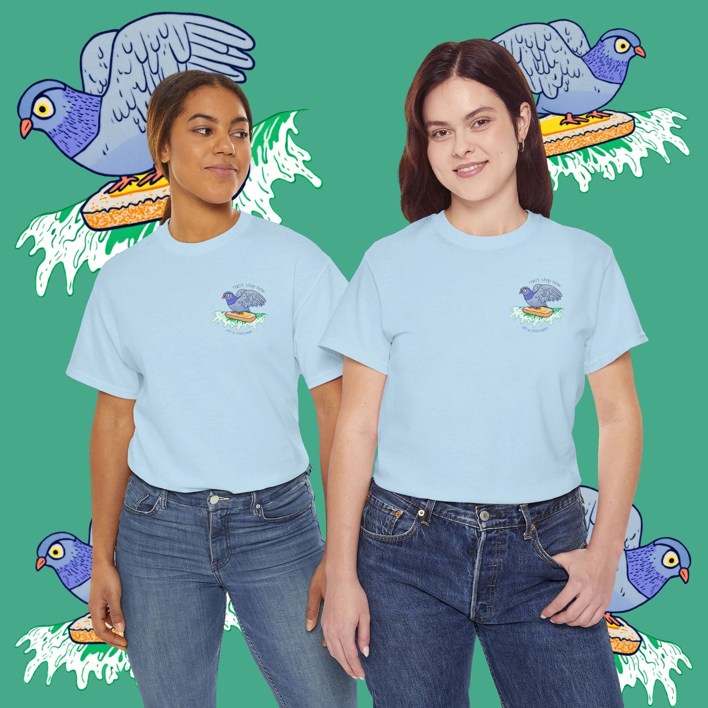 'pigeon on a mission' unisex graphic tshirt [left]