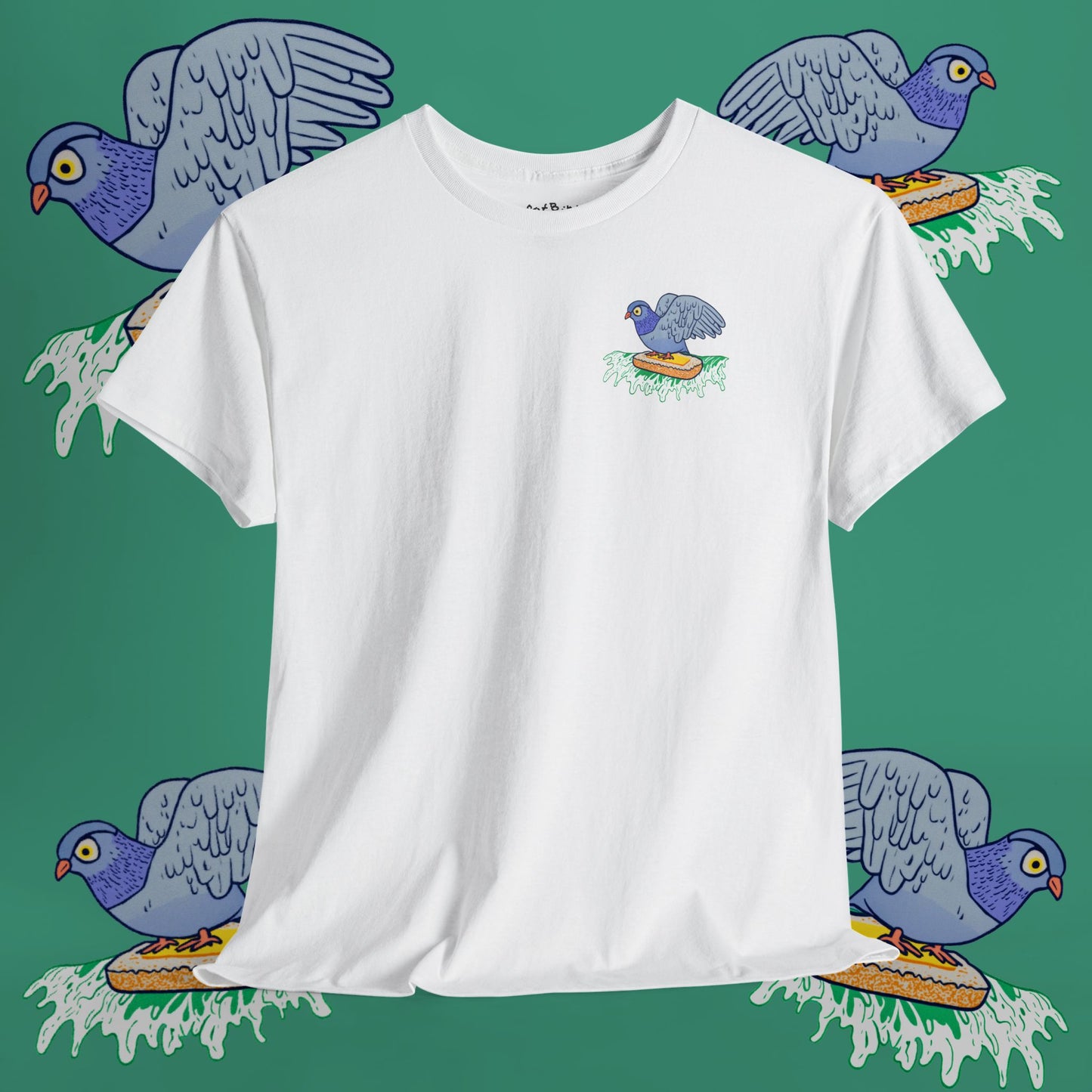 surfin' pigeon on a mission tshirt [left]